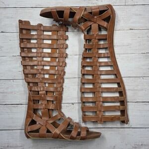 Mia Gladiator Sandals Womens 8 Brown Knee High Strappy Flat Back Zip Boho Roman